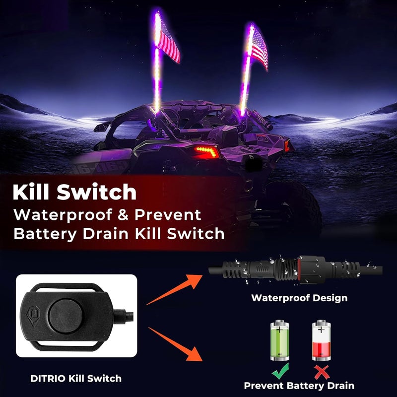 DITRIO 1 Pack 2FT Whip Lights with 2 Flags, Led Whip Light with App & Remote Control,Spiral Music RGB Chasing Lighted Whips,Side by Side Whip Lights for UTV ATV Polaris RZR Can-Am SXS Truck - Image 4